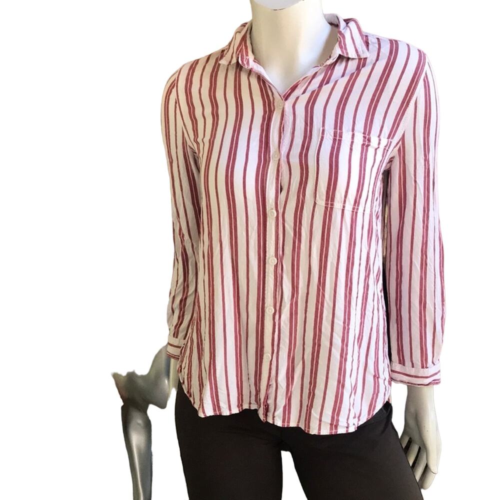 Beach Lunch Lounge Red White Striped Button Down Shirt with Pocket Women's Small